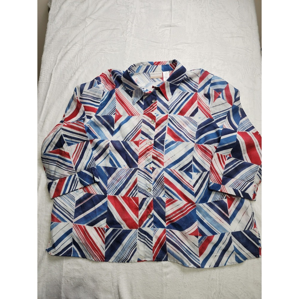 Alfred Dunner Blouse Woman 22W Red White Blue Geometric 3/4 Sleeve Top